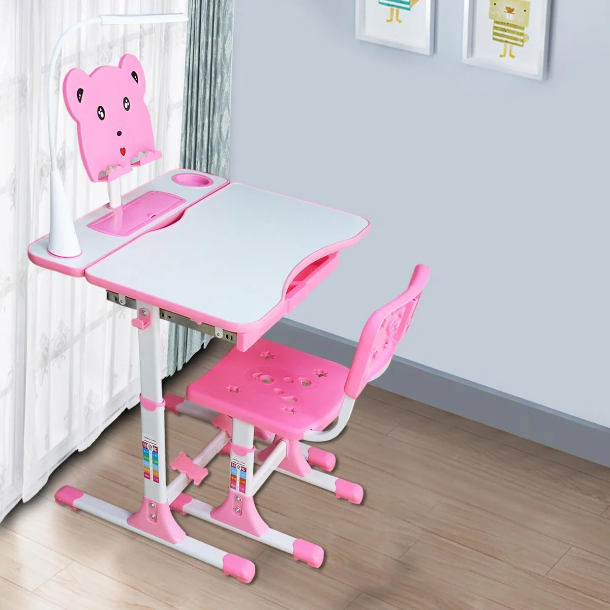 Height Adjustable Children's Desk And Chair Set, Adjustable Table Top, LED Light