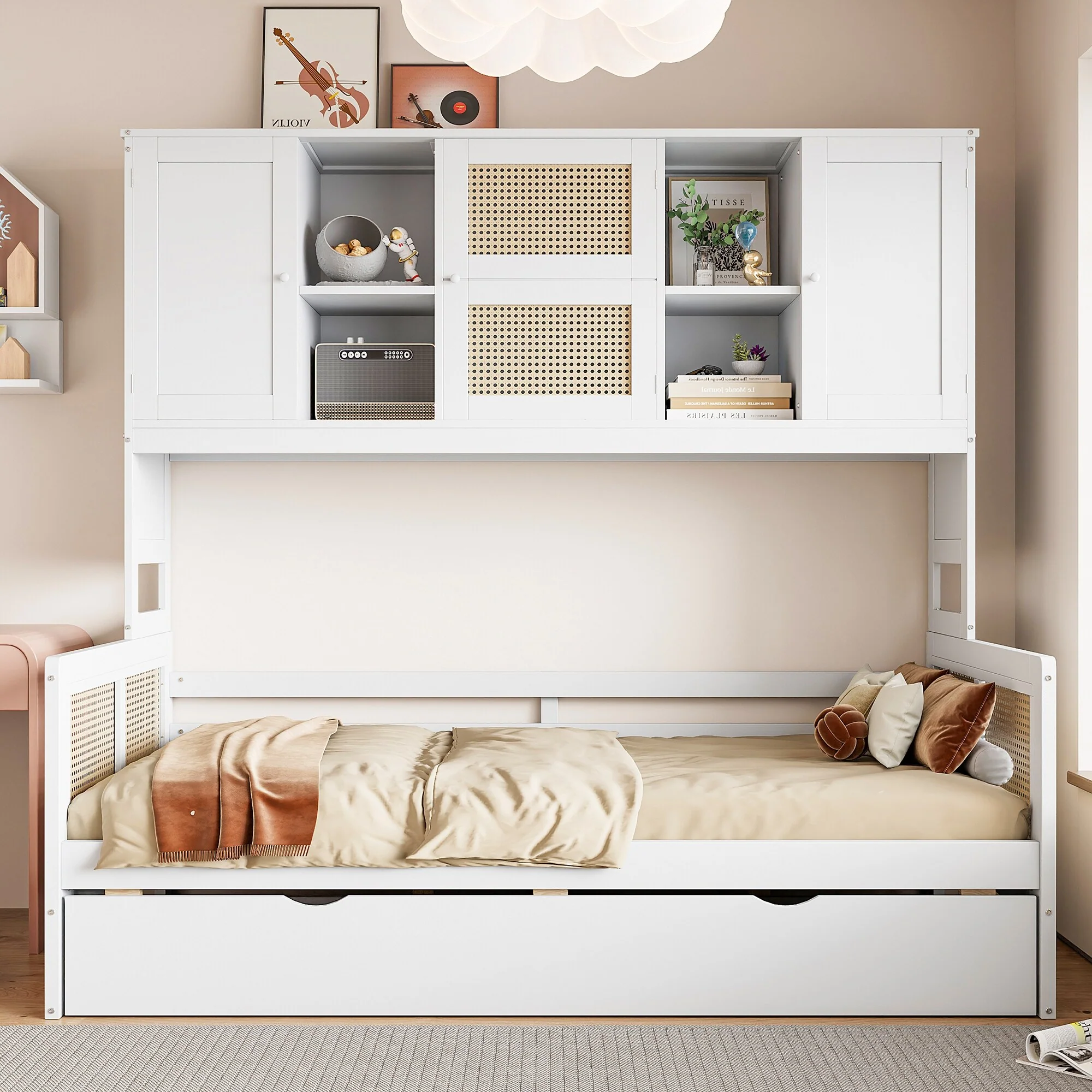 Twin Size Wooden Daybed With Twin Size Trundle, and All-in-One Cabinet and Shelf