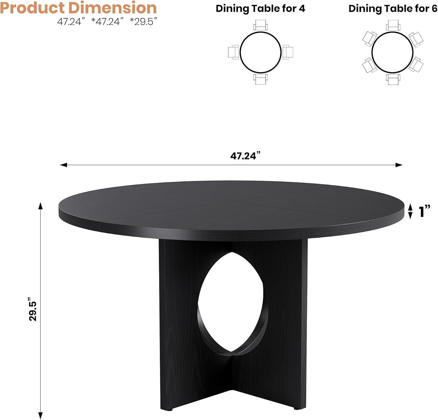 Garvee 47 Round Dining Table for 4-6 People - Circle Kitchen Dinner Table with Sturdy Pedestal Base, Space Saving Dinning Room Furniture for Living Room, Kitchen, Apartment, Black