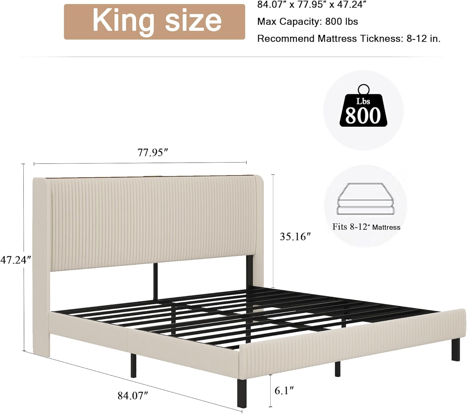 King Size Bed Frame,Upholstered Platform Bed Frame King Size with Vertical Channel Tufted Wingback Headboard/Charging Station/LED Light,Heavy Duty Metal Slats,No Box Spring Needed,Easy Assembly,Beige