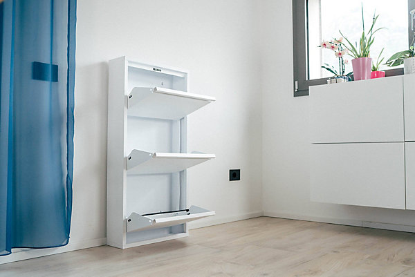 Meuble à chaussures Eliseo, Meuble à chaussures, Armoire d'entrée polyvalente, Rangement pour chaussures, 50x15h104 cm, Blanc