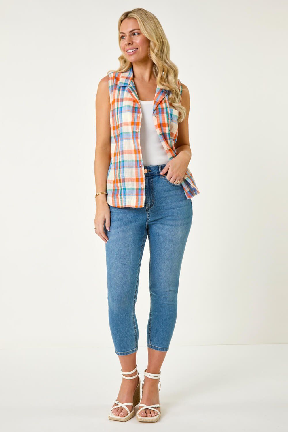 Roman Petite Check Print Button Blouse