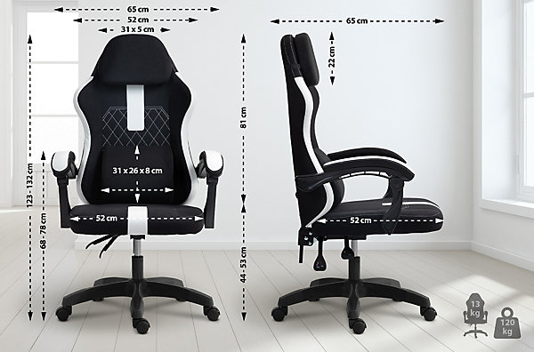 Chaise de bureau Miltona tissu, ergonomique, gaming, réglable hauteur, avec appuie-tête, rembourrage lombaire Noir/Blanc