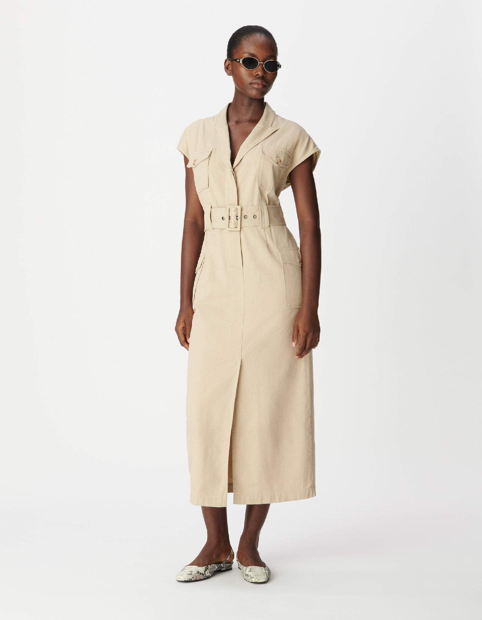 Robe saharienne longue beige sans manches Femme