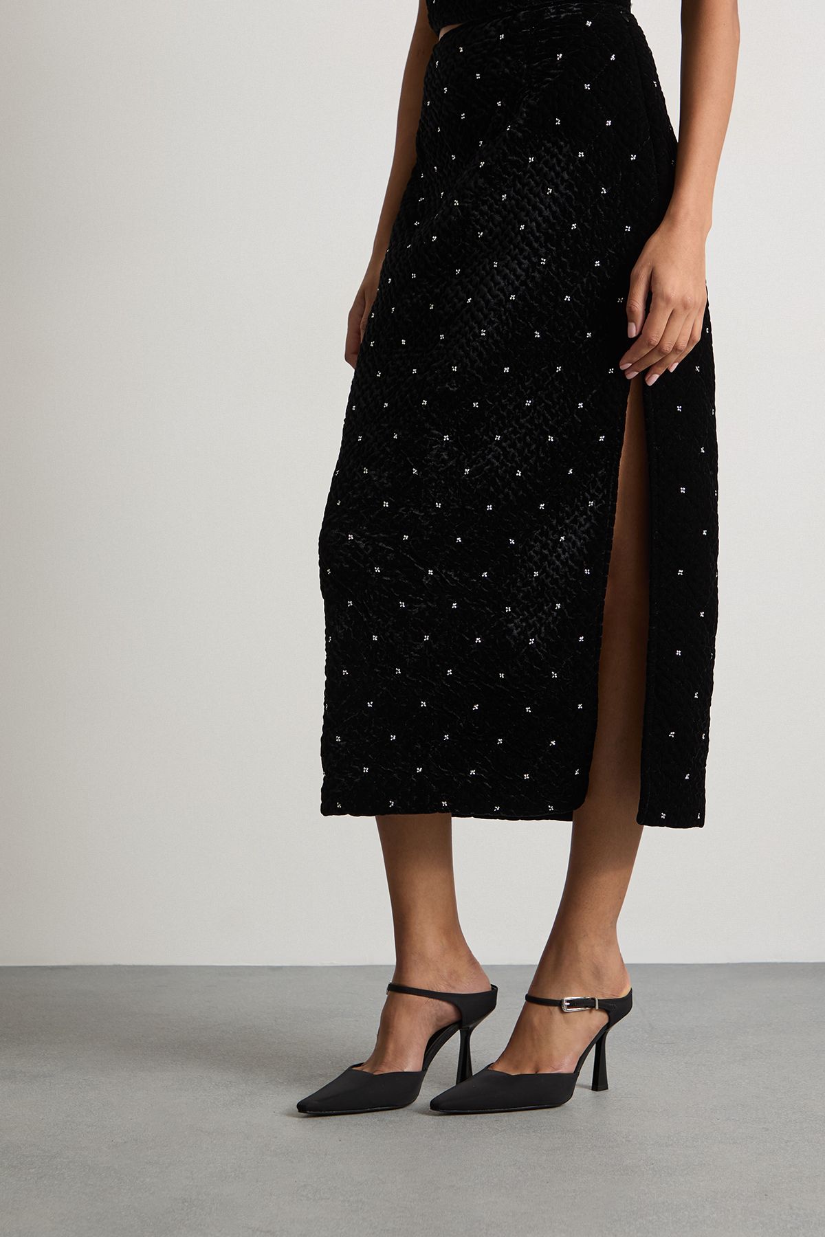 Warehouse Velvet Embellished Pencil Midi Skirt