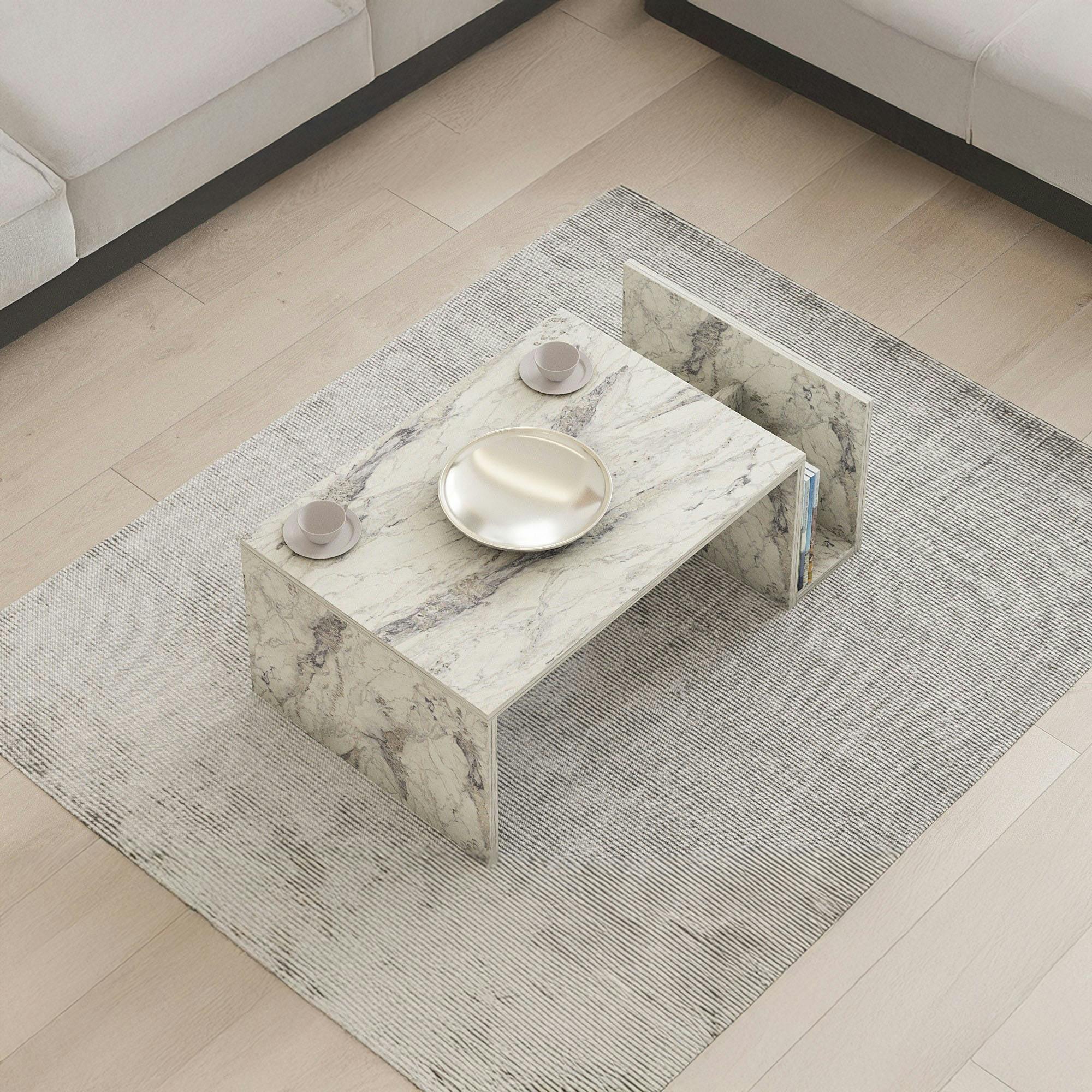 Table basse moderne effet marbre avec porte-revues MARFA