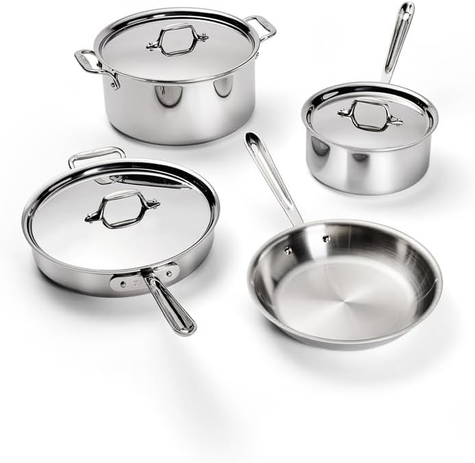 All-Clad D3® Stainless Steel 7 Piece Cookware Set- Made in USA- Includes Frying Pans, Saucepan, Sautépan, Stockpot - Professional Grade -Oven Safe & Induction Compatible