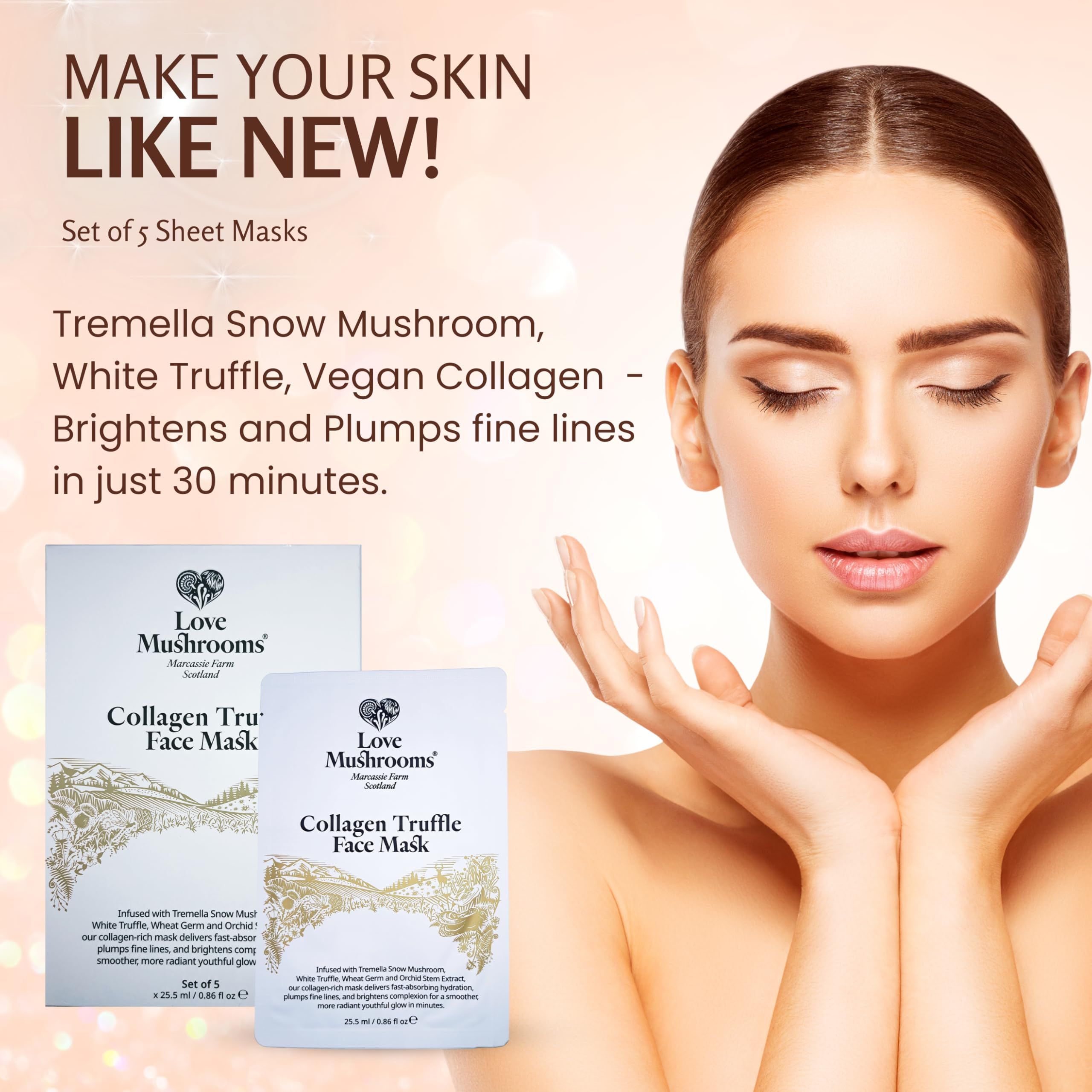 LOVE MUSHROOMS Collagen Truffle Sheet Mask | Hydrating Brightening Face Mask 5Pk