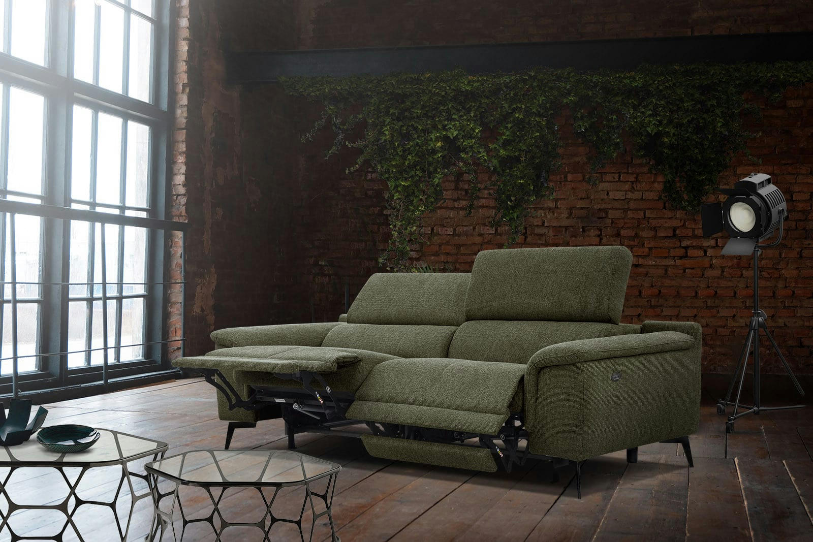 FIERO - Canapé droit 3 places XXL avec 2 relax  électriques tissu vert