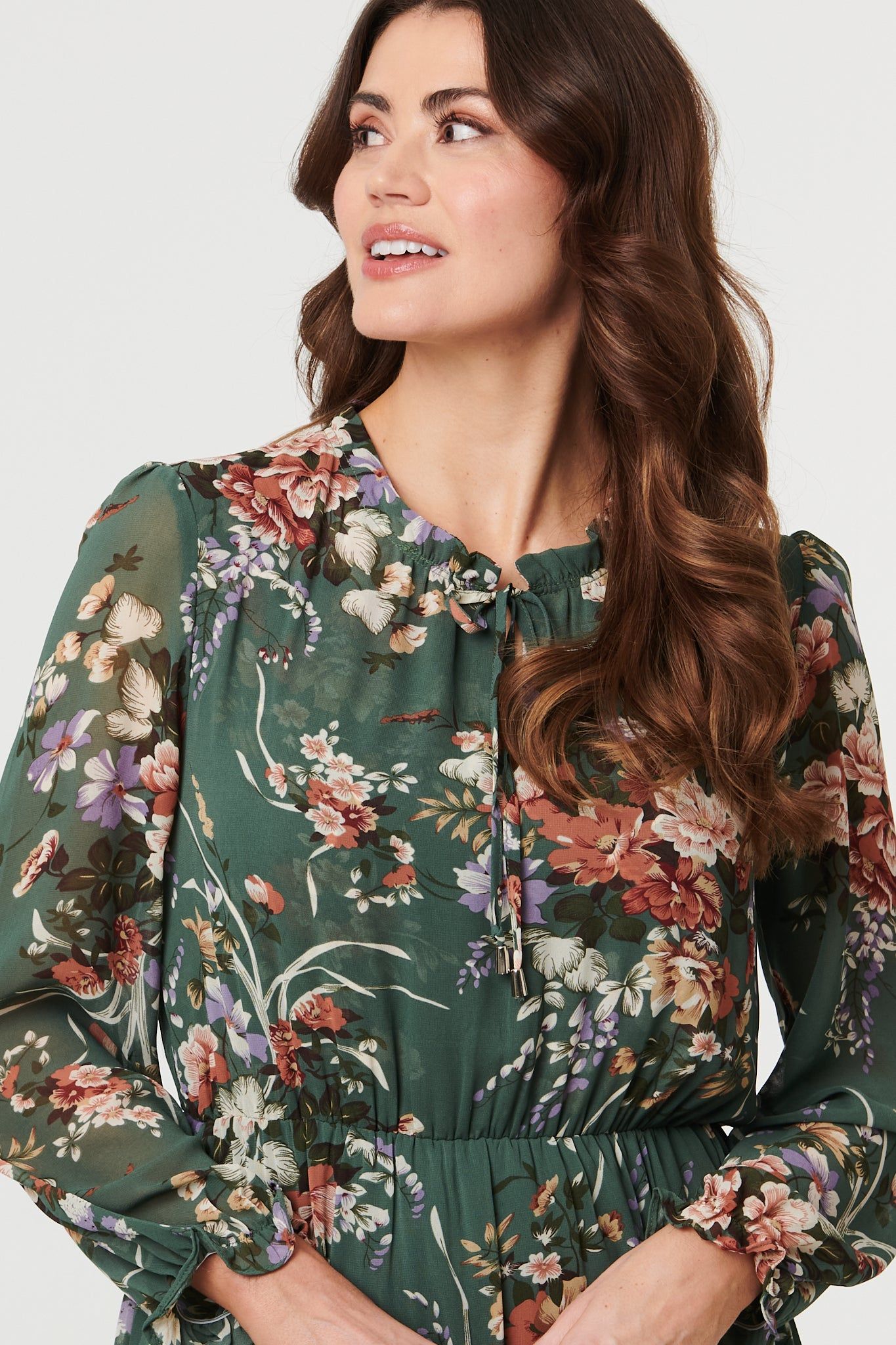 Izabel London Floral Tiered Long Sleeve Midi Dress