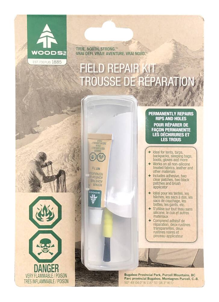 Woods Permanent Adhesive Seam & Hole Patch Field Repair Kit For Fabrics, Tents, Tarps & Boots