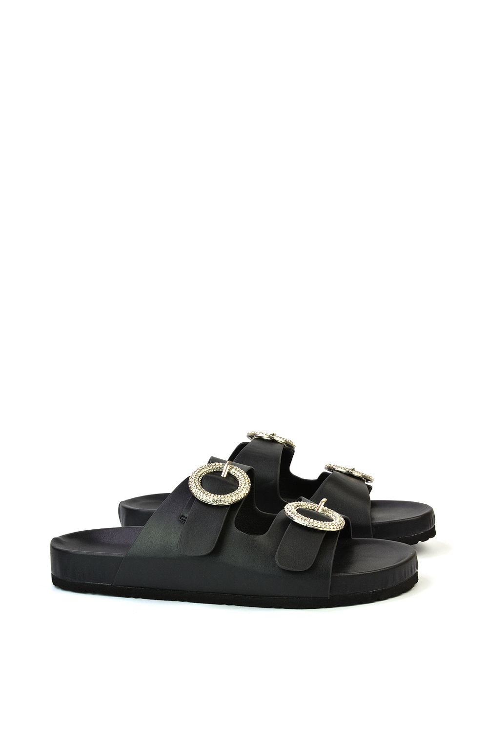 XY London Reggie' Slip On Flat Sandals Sliders With Double Strap Diamante Buckle