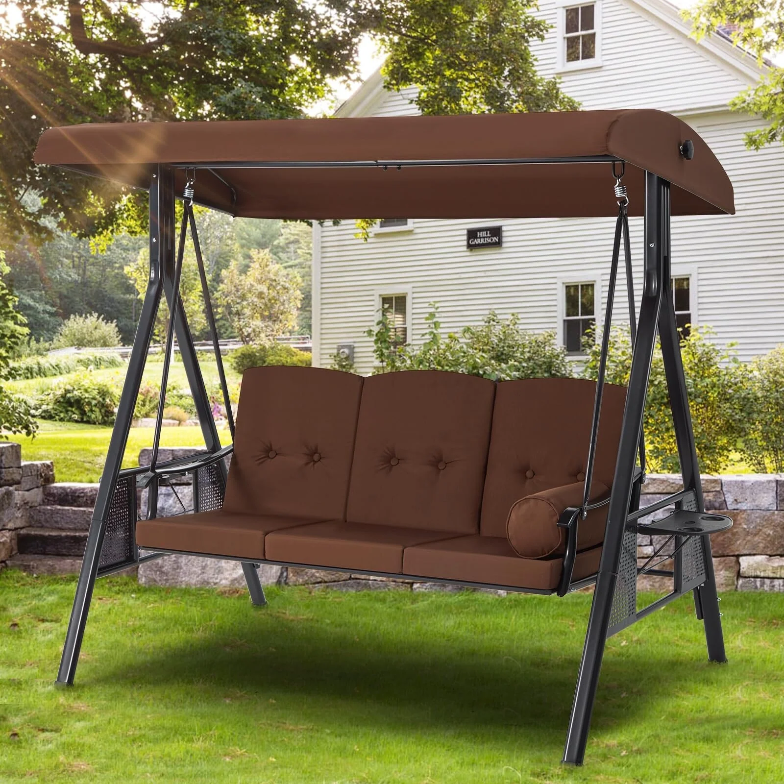 3-Seat Metal Patio Swing, Outdoor Porch Swing Glider with Cushions&Cup Holder