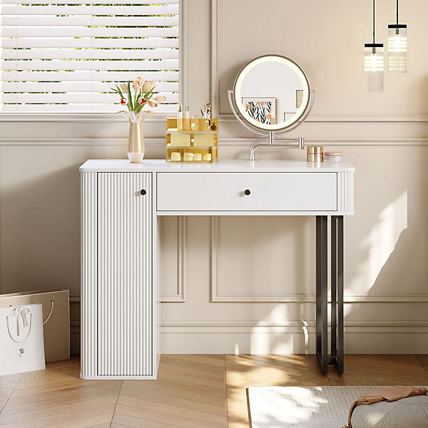 Coiffeuse 100 cm avec miroir LED 3 tons, tiroir et placard, plateau blanc et structure métal noir