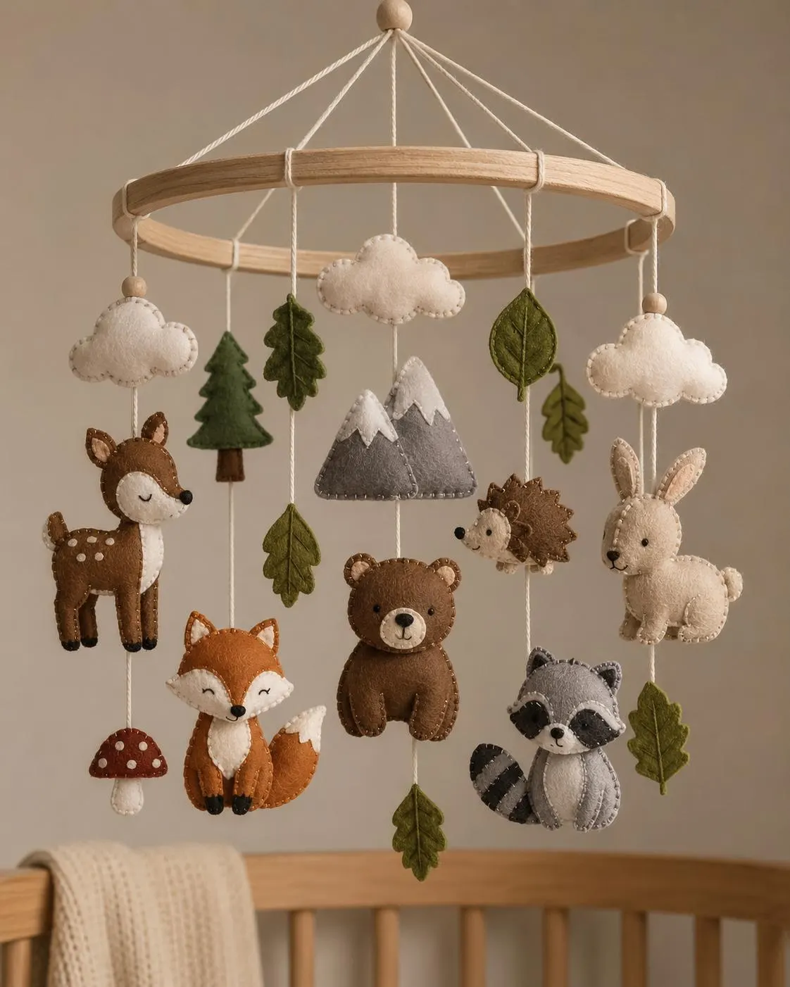 Woodland Felt Baby Mobile, Forest Animals Crib Decor, Handmade Nursery Hanging