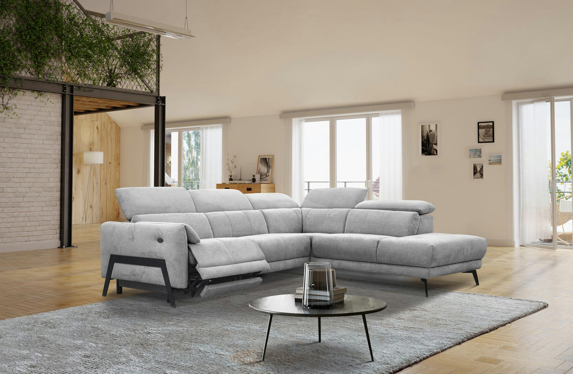 SCALA - Canapé d'angle droit, 5 places avec une relax électrique, Tissu Gris