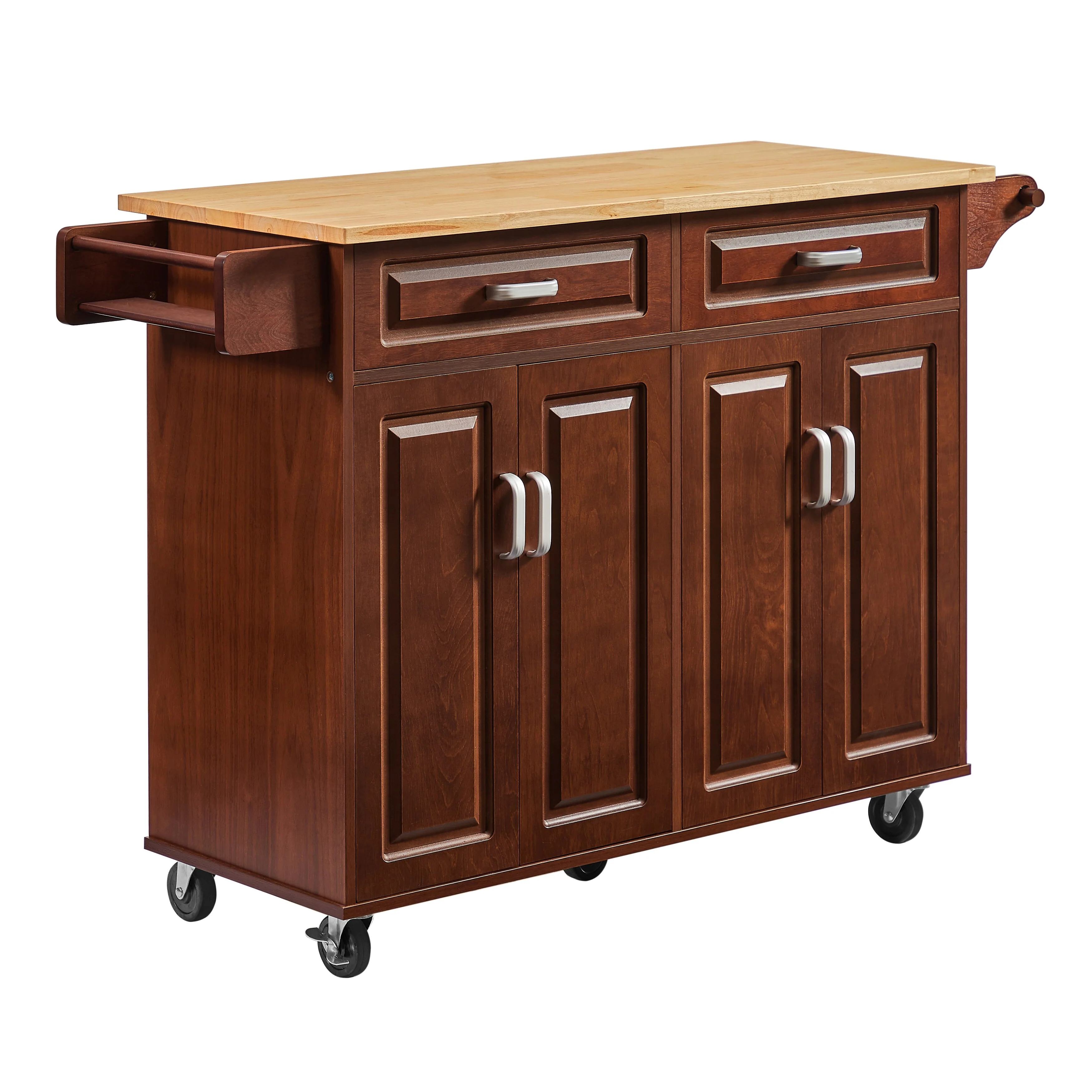 Mobile Kitchen Island Cart on Wheels, Rolling Coffee Bar Cart Wood Island Table with 2 Drawers Cabinet Spice Rack Towel Rack