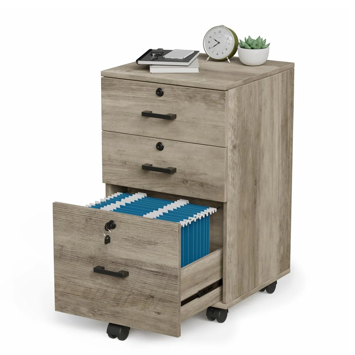 3-Drawer File Cabinet with Lock, Wood Rolling File Cabinet Under Desk File Cabinets, Mobile Printer Stand & File Cabinet