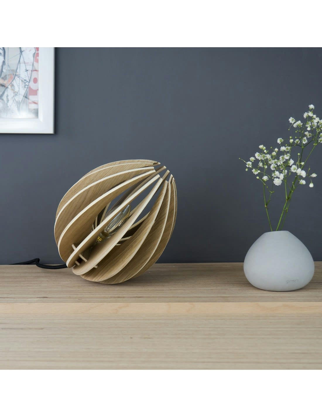 FÈVE - Lampe à poser en bois chêne naturel avec fil blanc