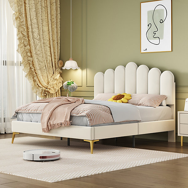 Lit Double Rembourré 140 X 200 Cm Avec Tête De Lit Et Sommier à Lattes, Pour Adulte, Velours, Beige
