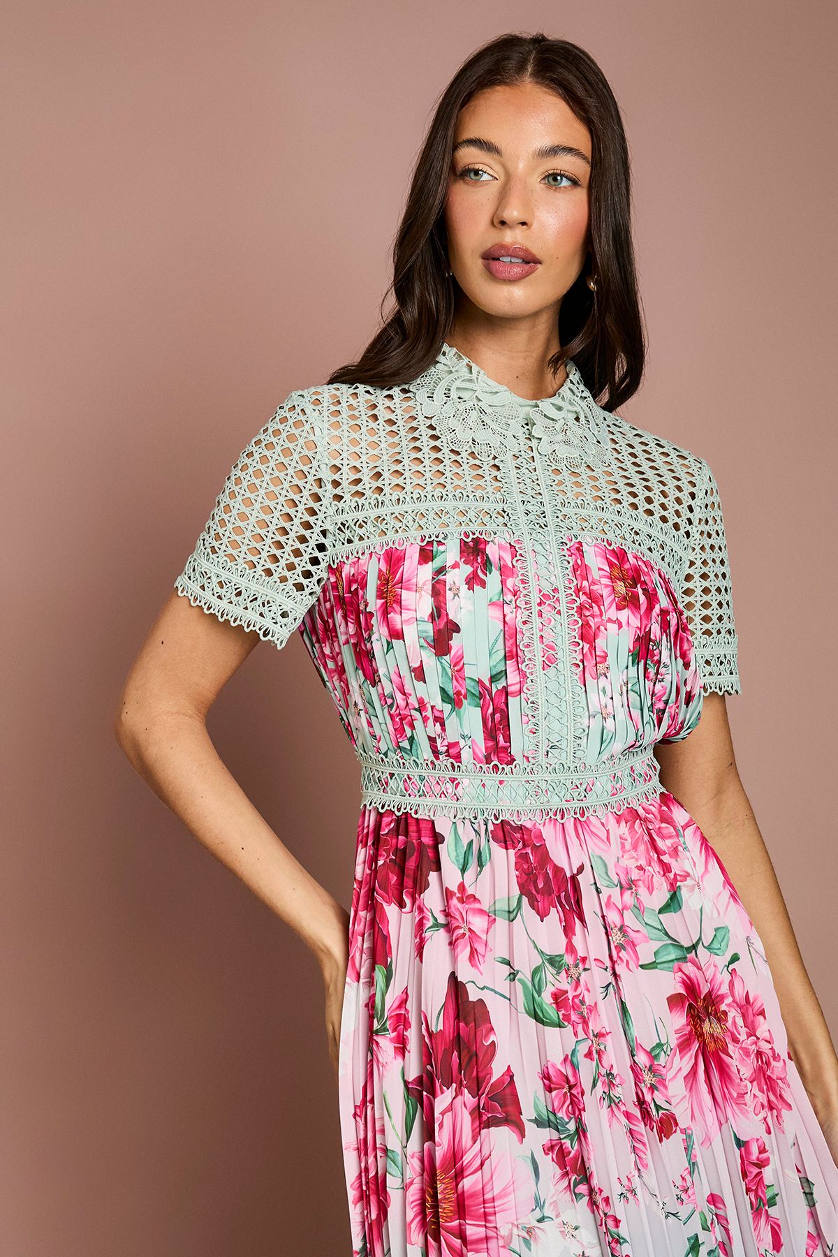 Coast Lisa Tan Lace Pleated Printed Midi Dress