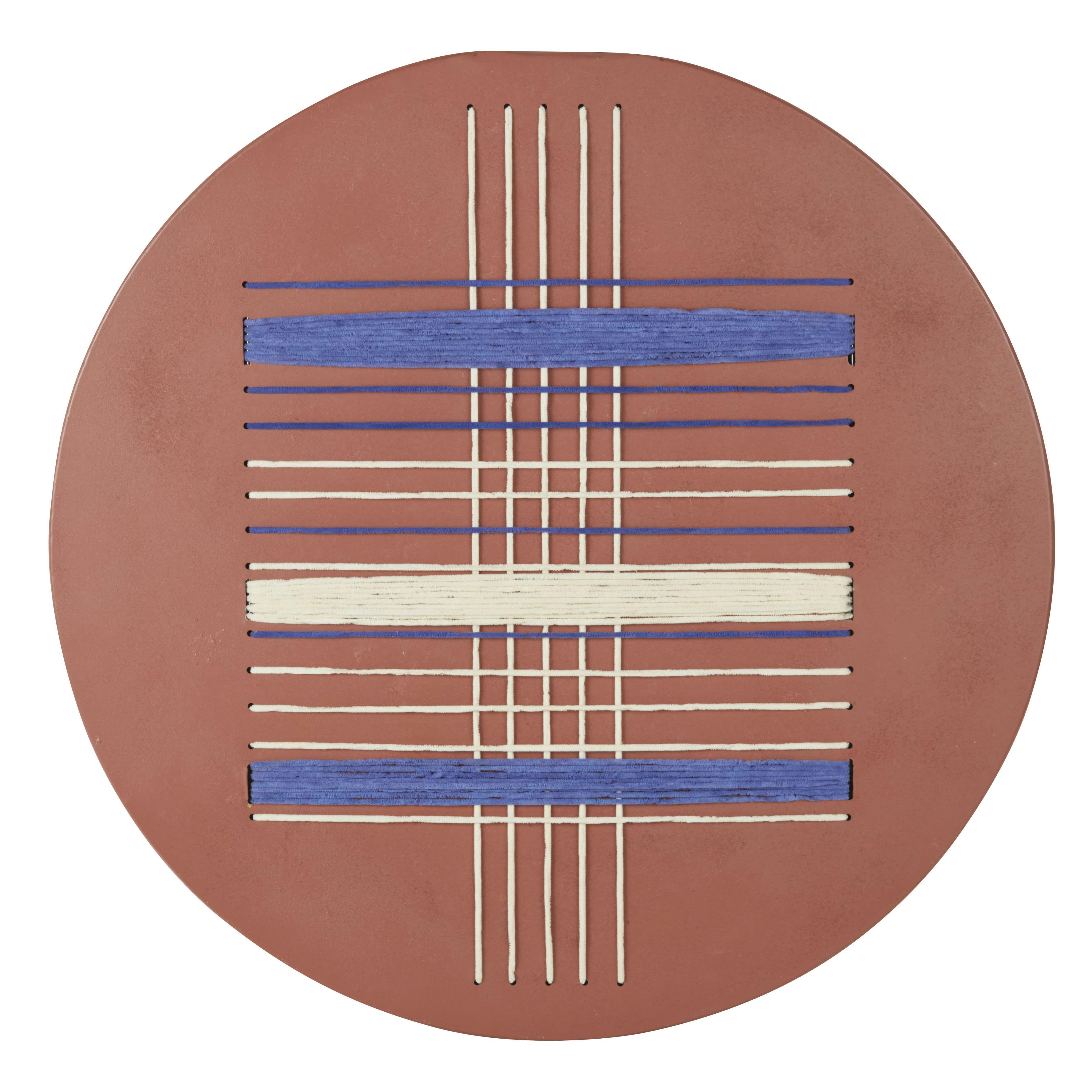 FARES - Déco murale ronde en métal et ficelle terracotta, écrue et bleue D99
