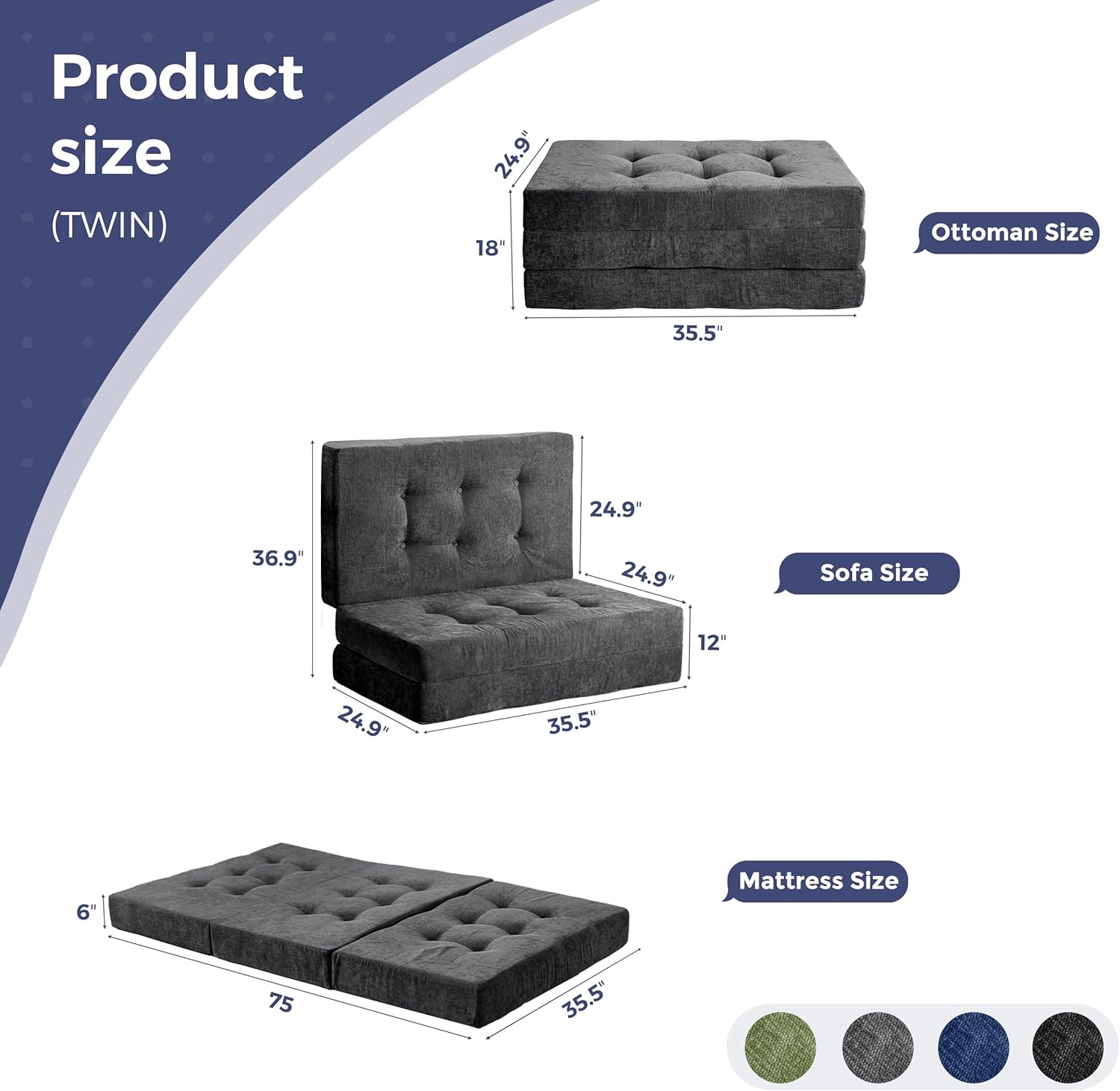 MAXYOYO 6 Folding Sofa Bed for Floor, Tufted Tri-Fold Floor Mattress with Chenille Fabric, Twin Size Portable Sofa Couch Guest Mat for Adults, Foldable Topper for Camping, Dark Grey, 35.4x75