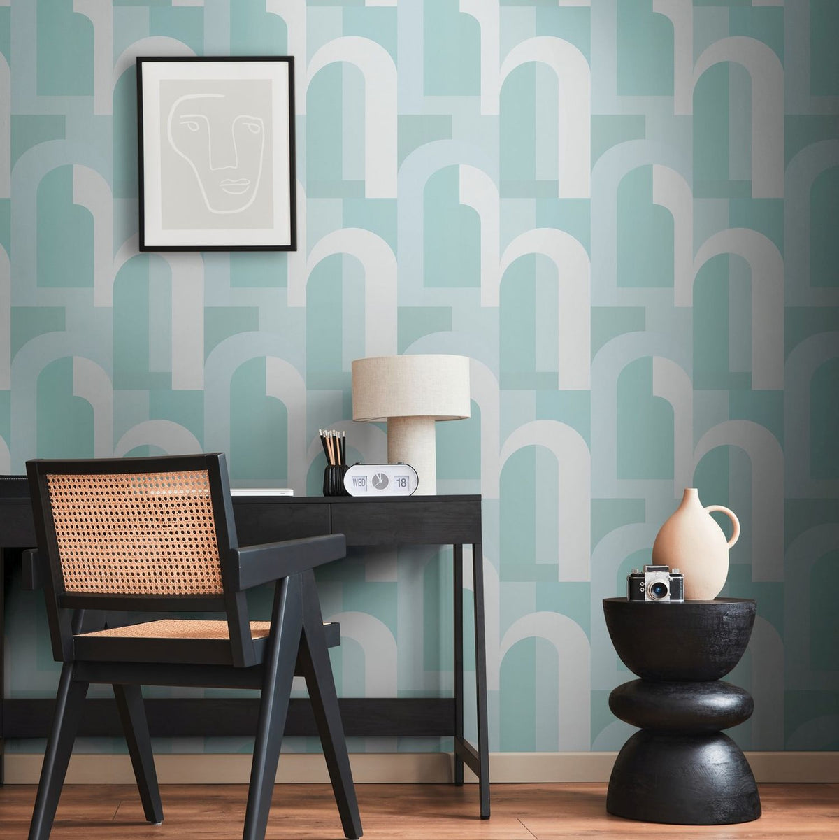 Livingwalls behang art deco motief turquoise en wit - 53 cm x 10.05 m - AS-391703
