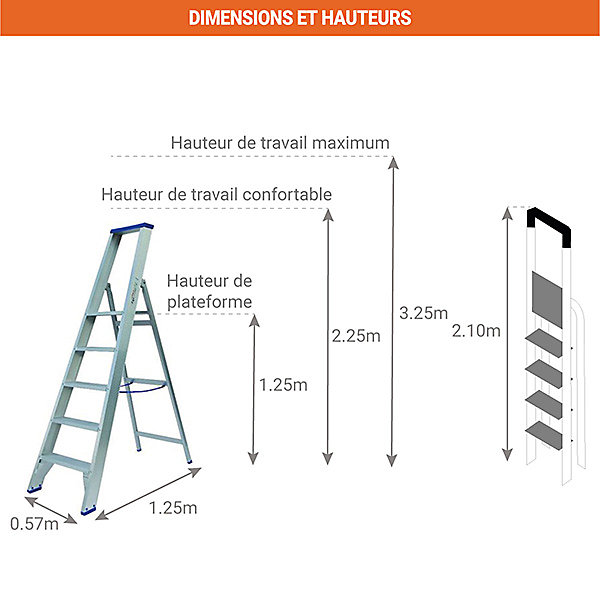 Escabeau alu 5 marches - Hauteur max. de travail 3.25m - PT05