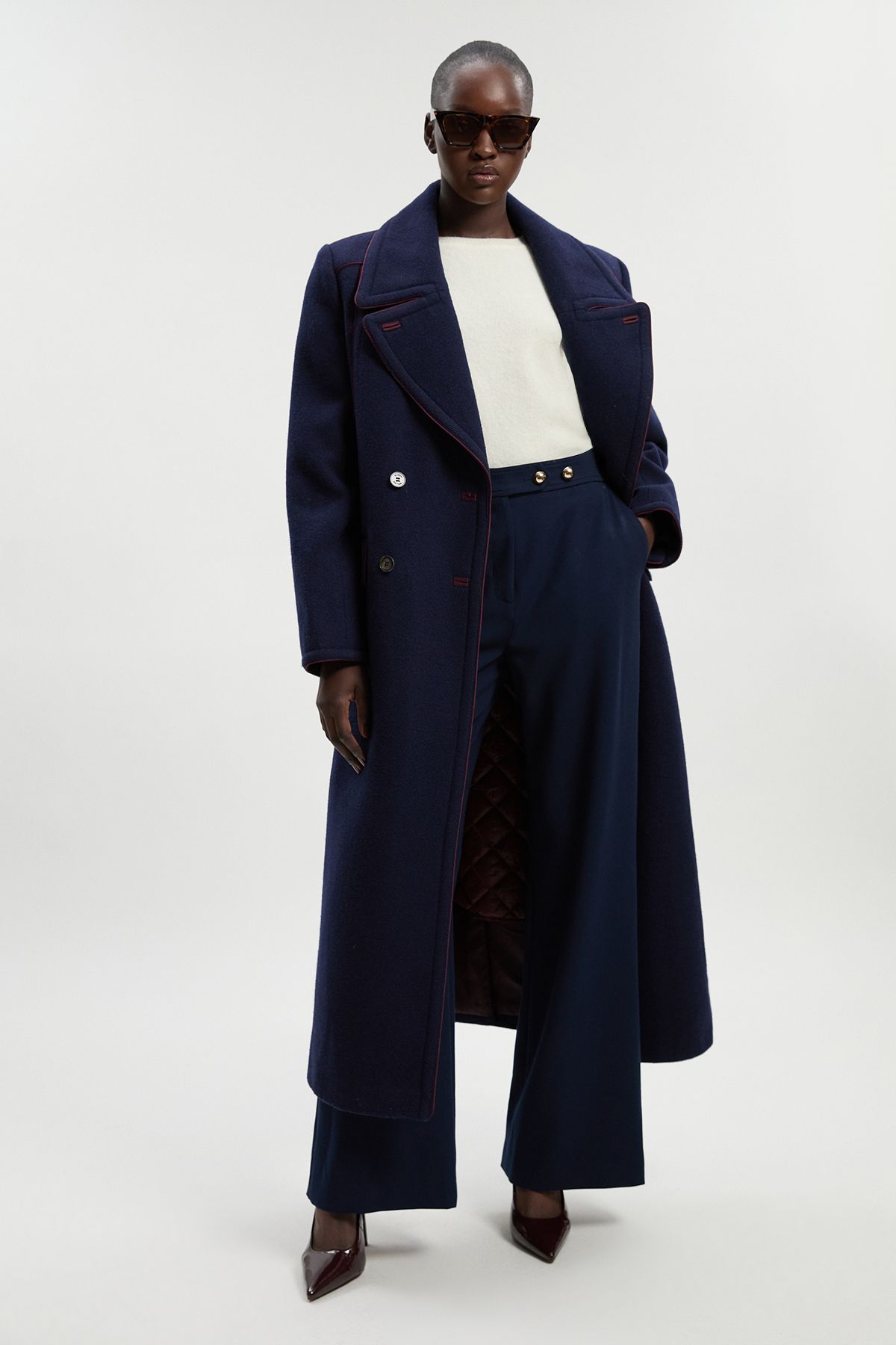 KarenMillen Wool Hybrid Double Breasted Tailored Midi Coat With Removable Padded Lining
