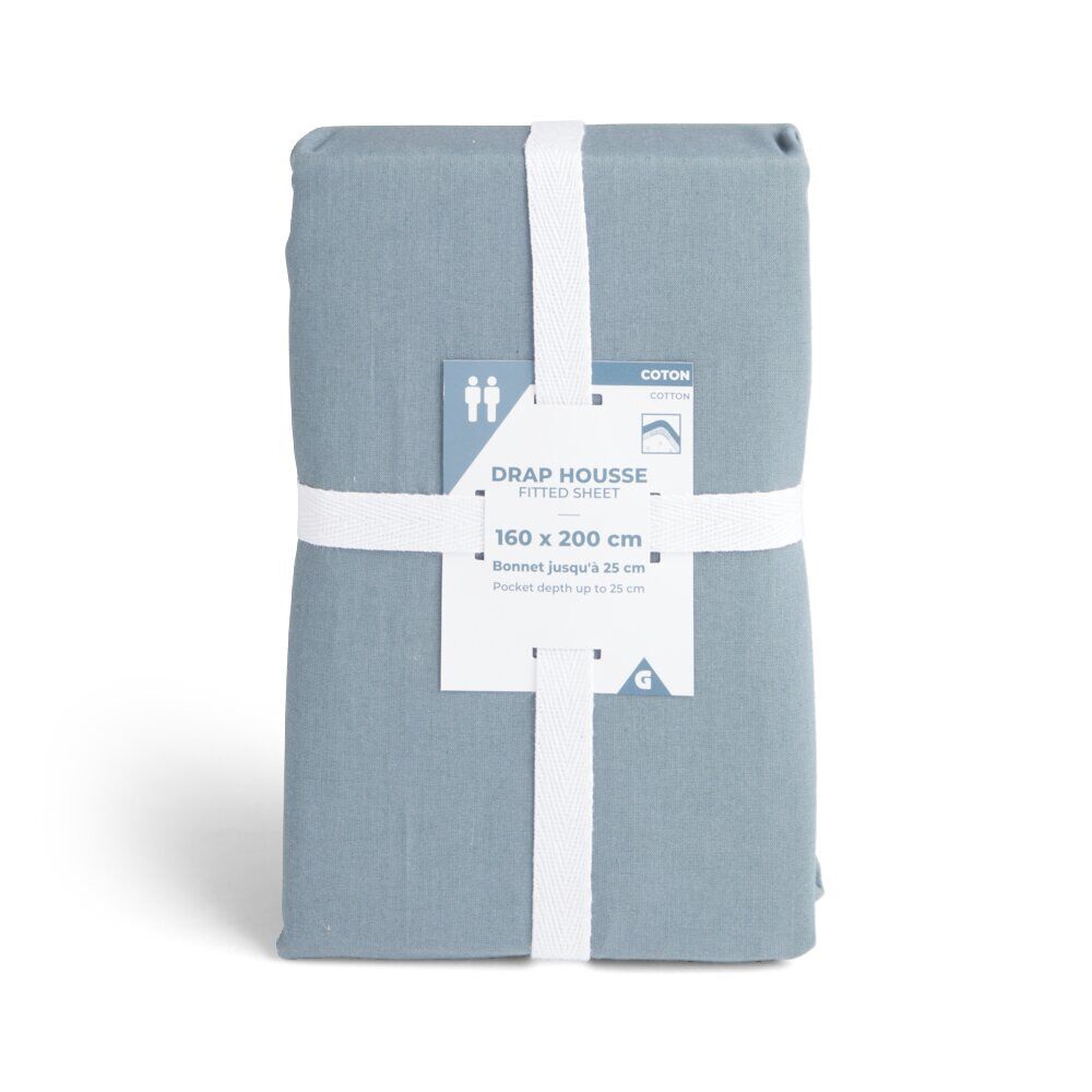 Drap housse 160x200cm 100% coton bleu chiné