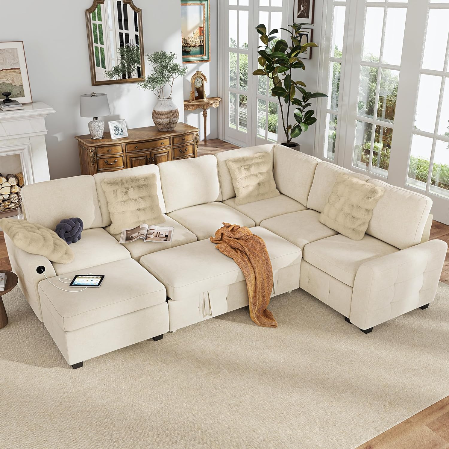 Hanherry Sectional Couch with Pull Out Sofa Bed,Chenille Sleeper Sofa with Storage Ottoman & USB Charging,Comfy L Shaped Modular Couches for Living Room,Apartment