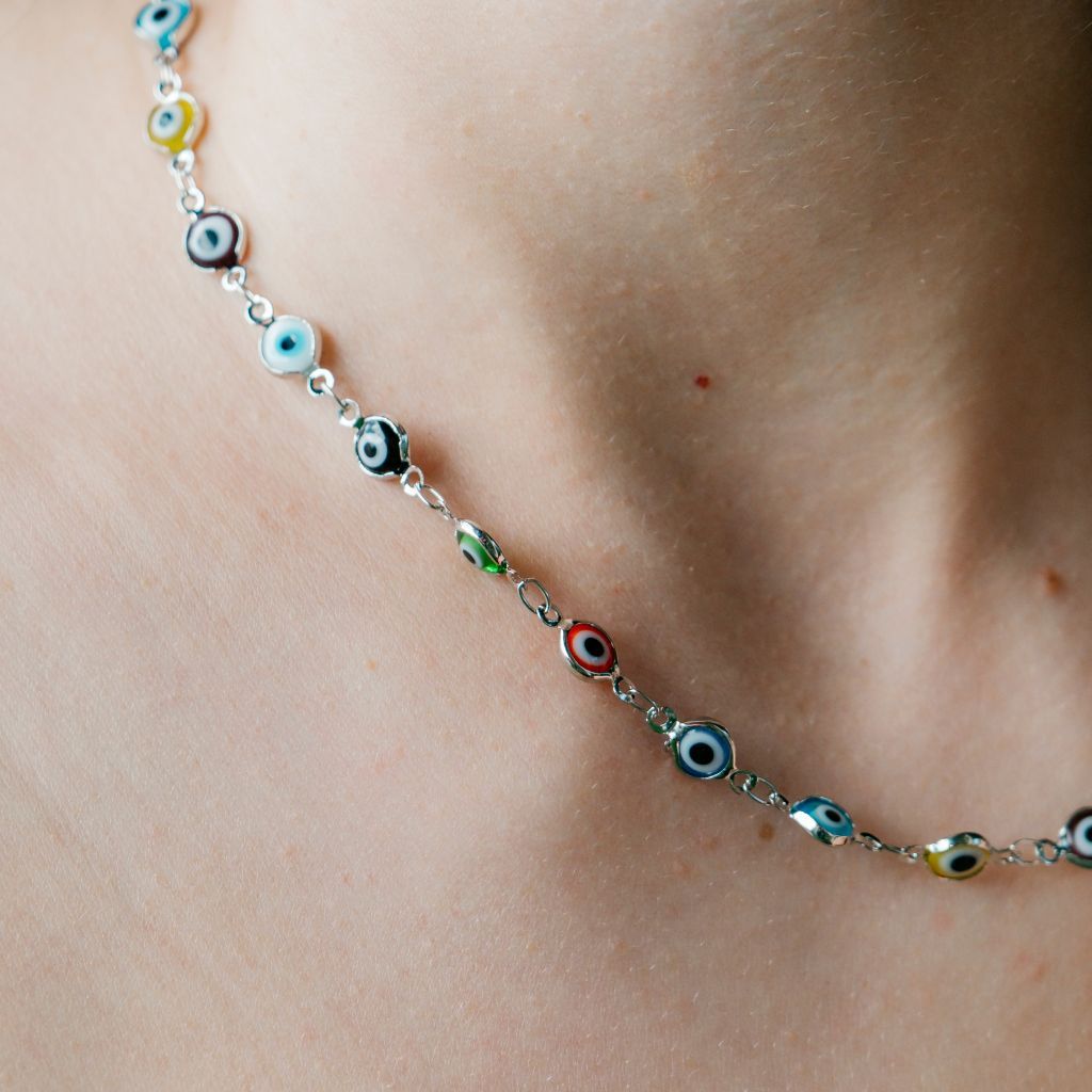 The Colourful Aura Multicolour Evil Eye Adjustable Choker Necklace - Gold or Silver