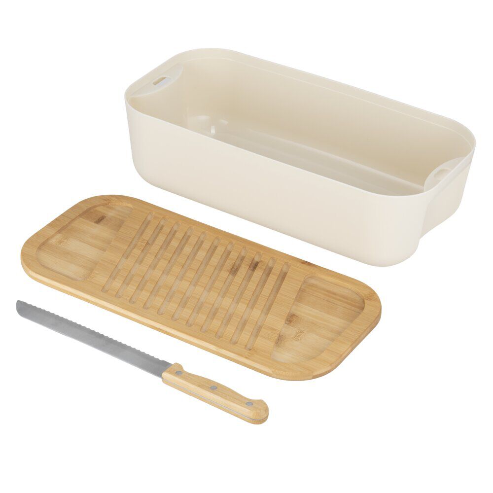 BoÎte à pain 6L plastique blanc planche bambou avec couteau et sac tissu coton