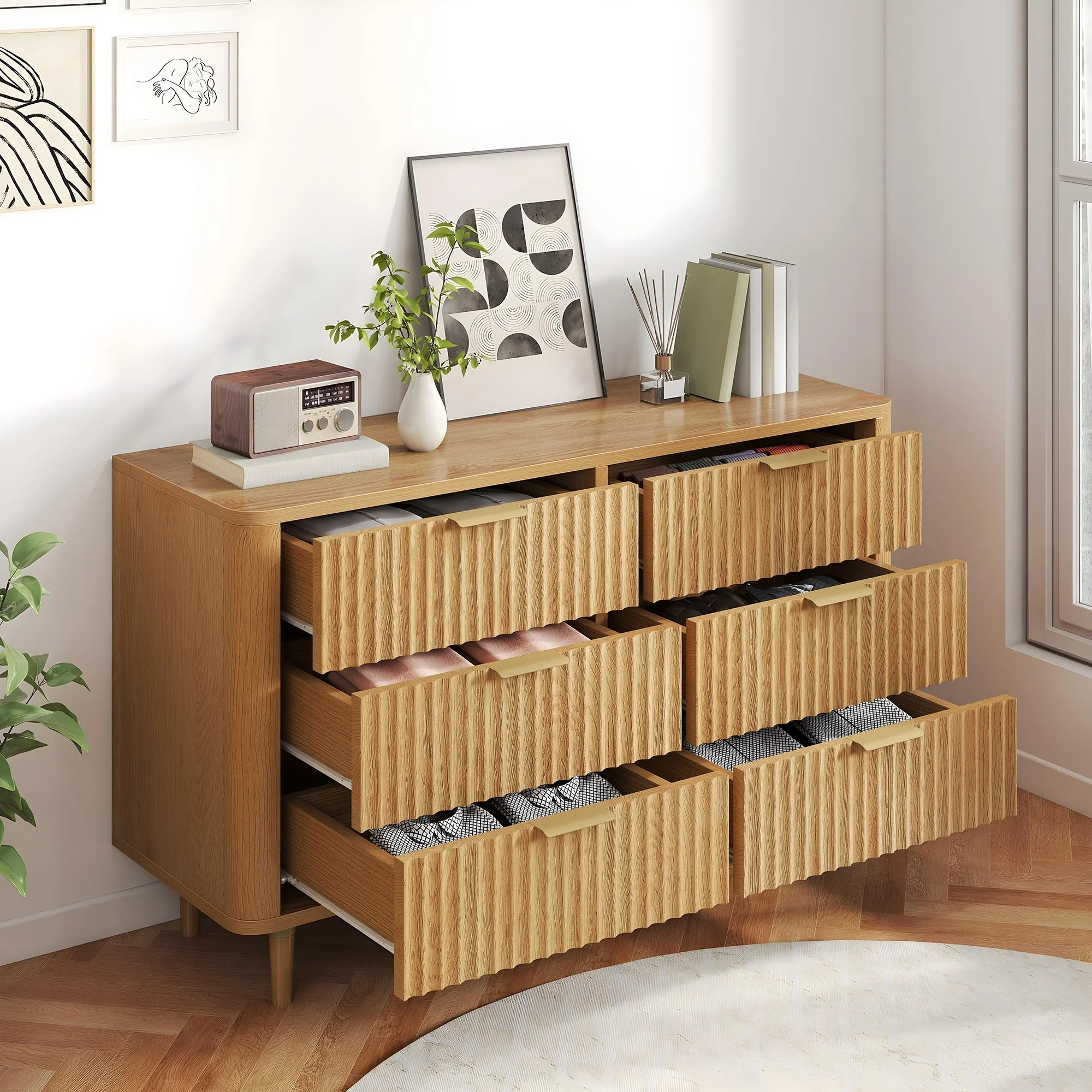 Moasis 6 Drawer Dresser Wood Storage Dresser Organizer with Waveform Fluted Panel