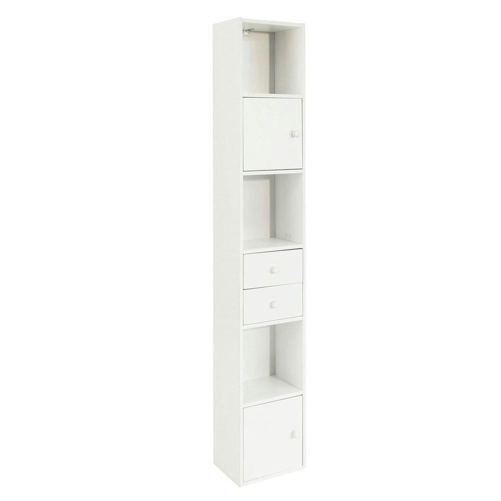 - Meuble colonne 2 portes 2 tiroirs effet bois blanc