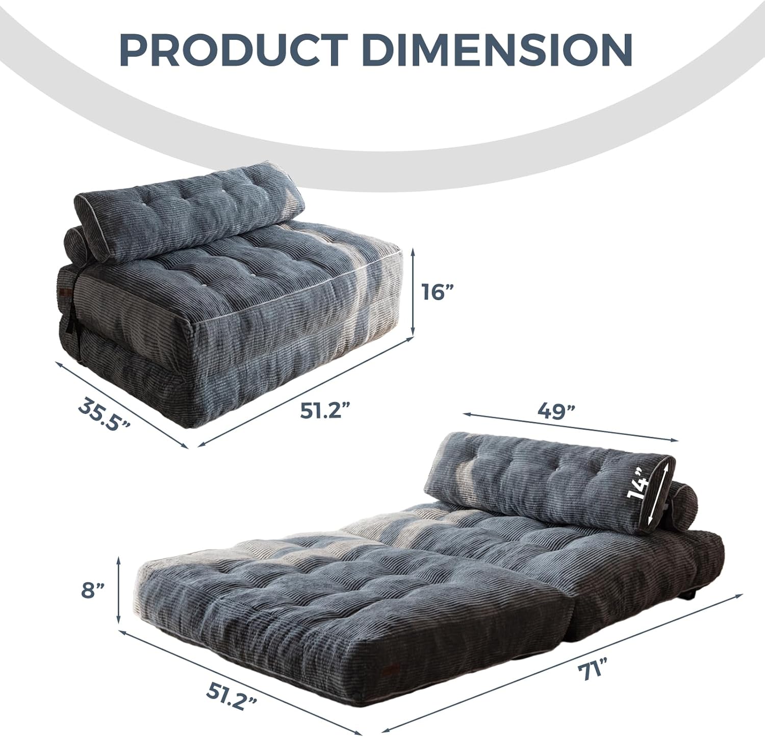 MAXYOYO Folding Sofa Bed, Convertible Sleeper Chair with Pilow Foldable Mattress with Back Support, Portable Fold Out Chair Bed Comfy Floor Sofa Lounge for Living Room Bedroom, Dark Grey, Double