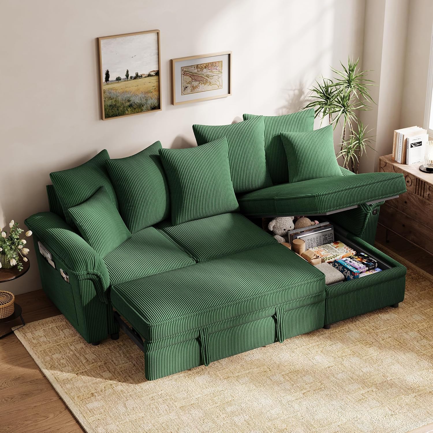 LINSY HOME 90.5'' Sectional Sleeper Sofa with Pull Out Couch Bed Modular (Green, 90.5'') | USB Charging, Pillow-style Armrest, Multiple Cushions, Storage Chaise, Corduroy Fabric