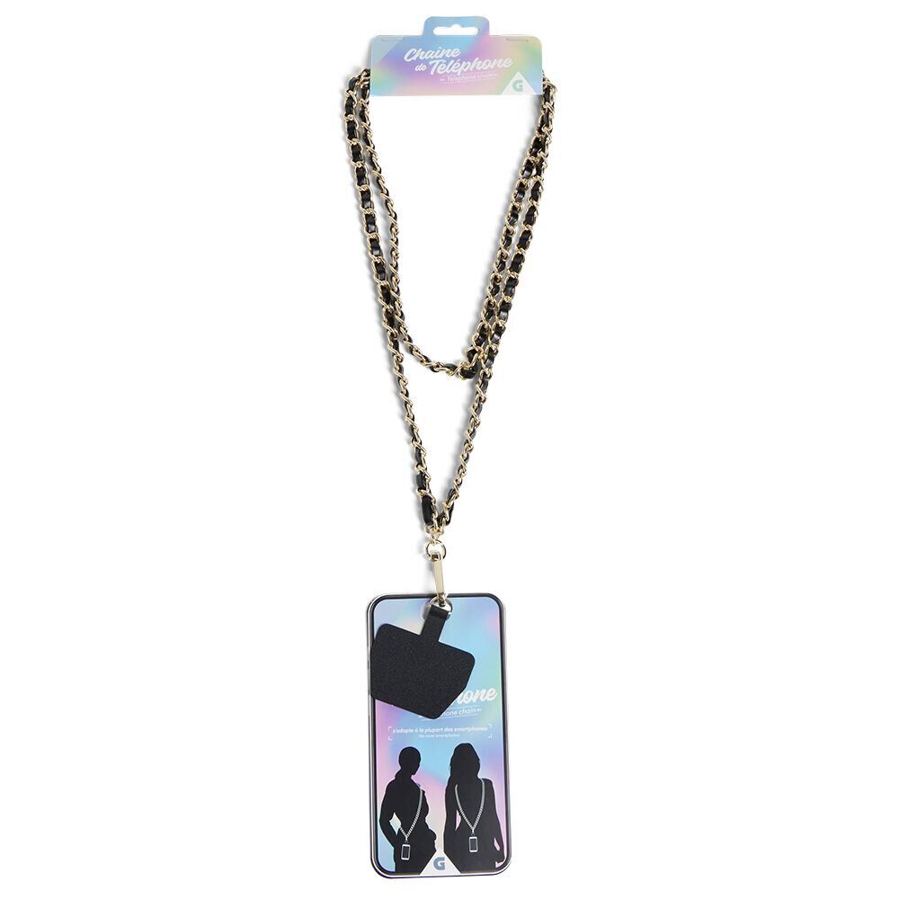 Bijou chaÎne de téléphone maille en plastique noir doré L120cm