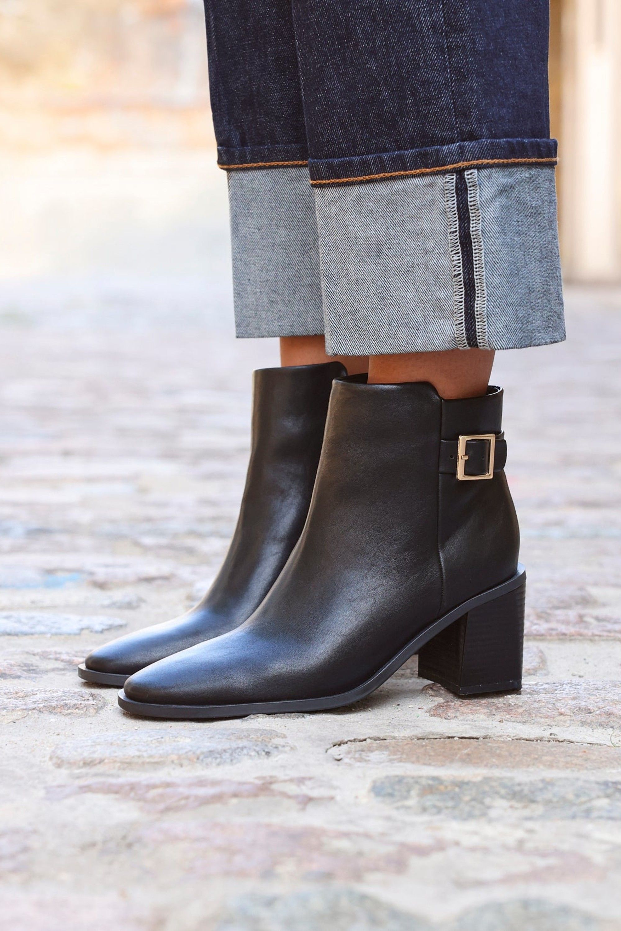 Linzi Rise Black Faux Leather Block Heeled Ankle Boot