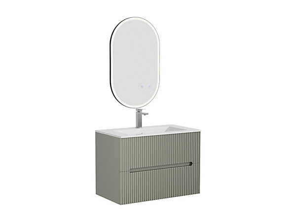 Meuble de salle de bain suspendu avec vasque à encastrer, robinet et miroir - Strié vert- 80 cm - PAVANI