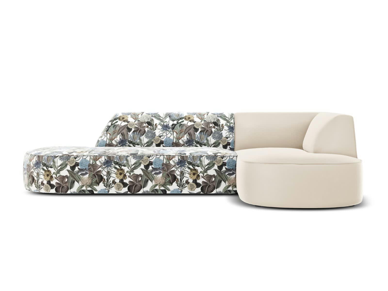 CHARLES - Canapé D'Angle Droit 4 places en Velours Motif de Jardin Bleu Clair