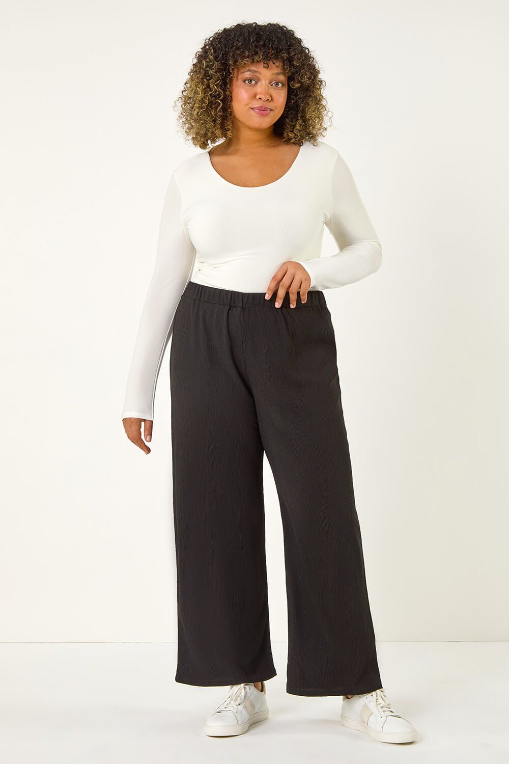 Roman Curve Textured Elastic Waist Wide Leg Trouser