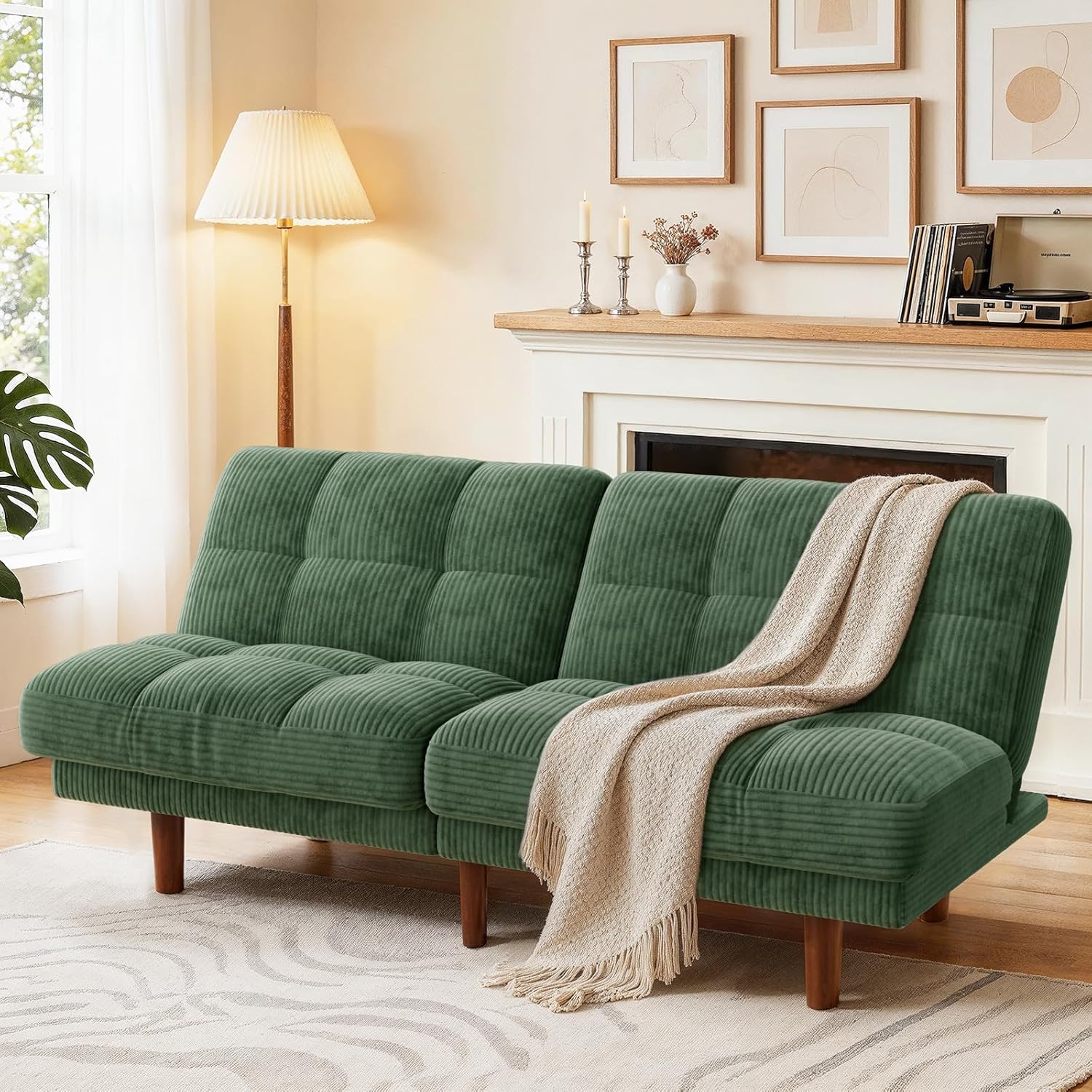 Marsail 65 Futon Sofa Bed, Convertible Small Recliner Sleeper Sofa Bed with Adjustable Backrest, Corduroy Loveseat Futon Couch for Small Apartments, Living Room Office, Guest Room (Green)