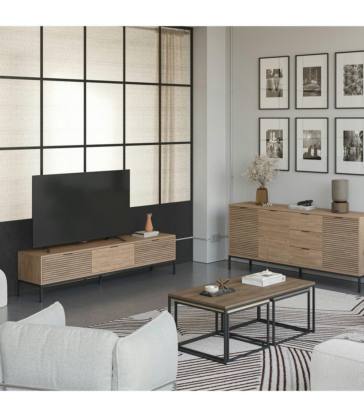 ARIEL - Meuble TV 3 tiroirs décor chêne et rainures noires - L180 cm