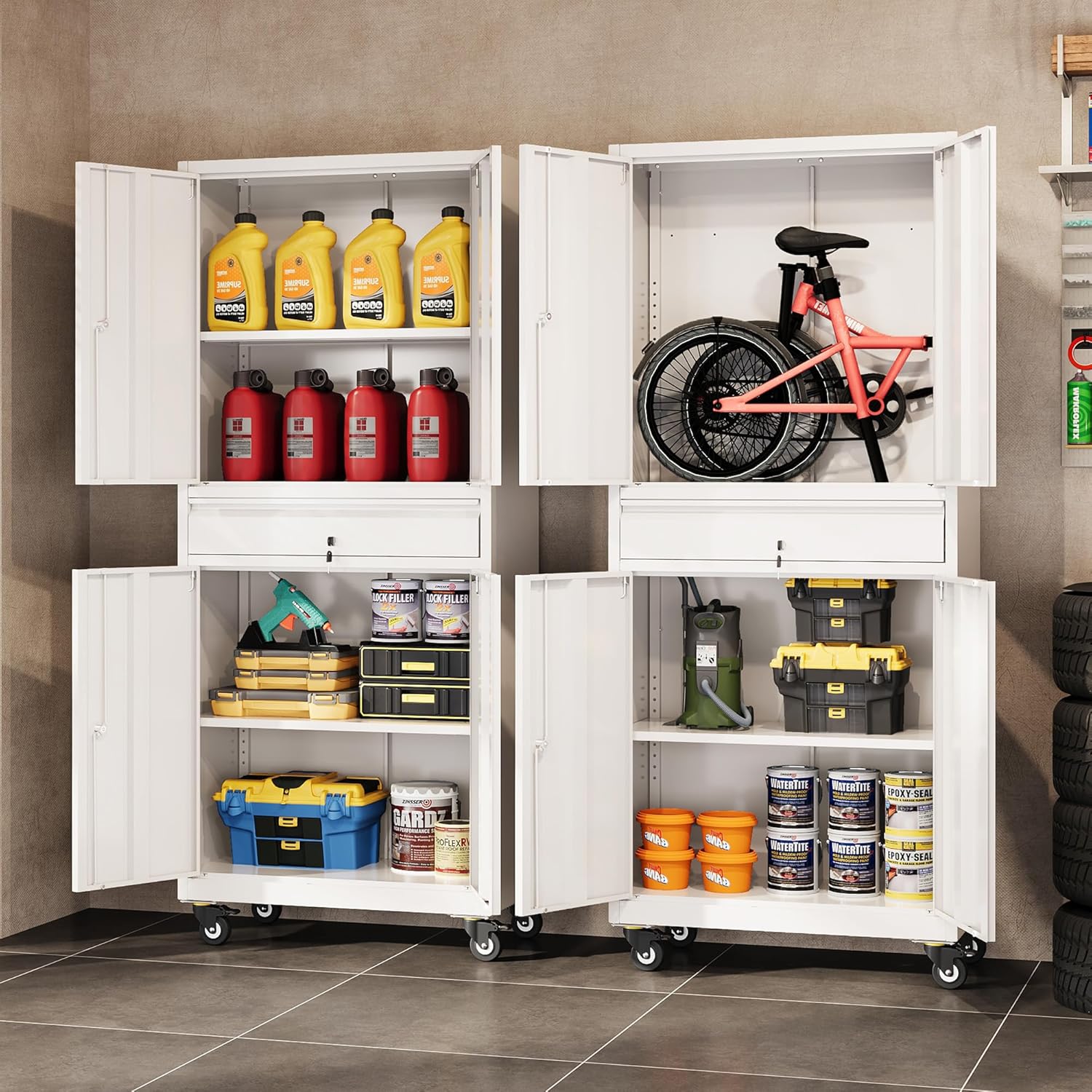 DEVAISE Metal Garage Storage Cabinet with Locking Doors and Adjustable Shelves, Rolling Tool Cabinet with Drawer for Garage,Warehouse,Home,Office (White)