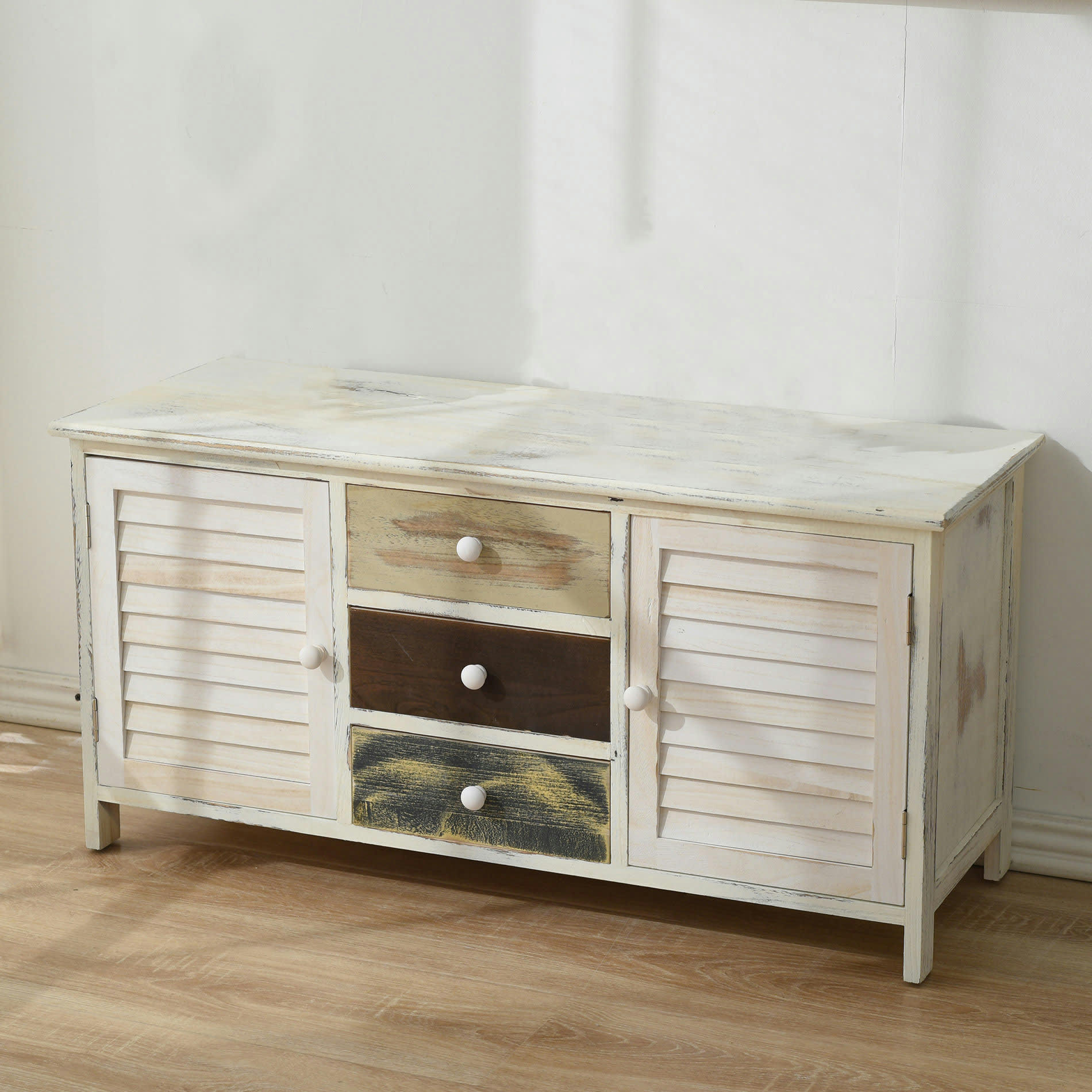 MY HOME - Buffet bas avec 3 tiroirs 2 portes en bois blanc antique