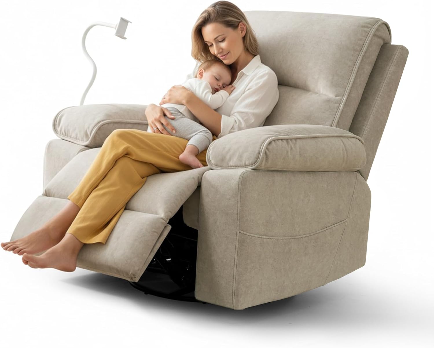 Nursery Rocking Chairs Glider Recliner with Flexible Phone Holder,Comfortable Nursing Chair Swivel Rocker Recliner for Baby Breastfeeding, Velvet, Beige