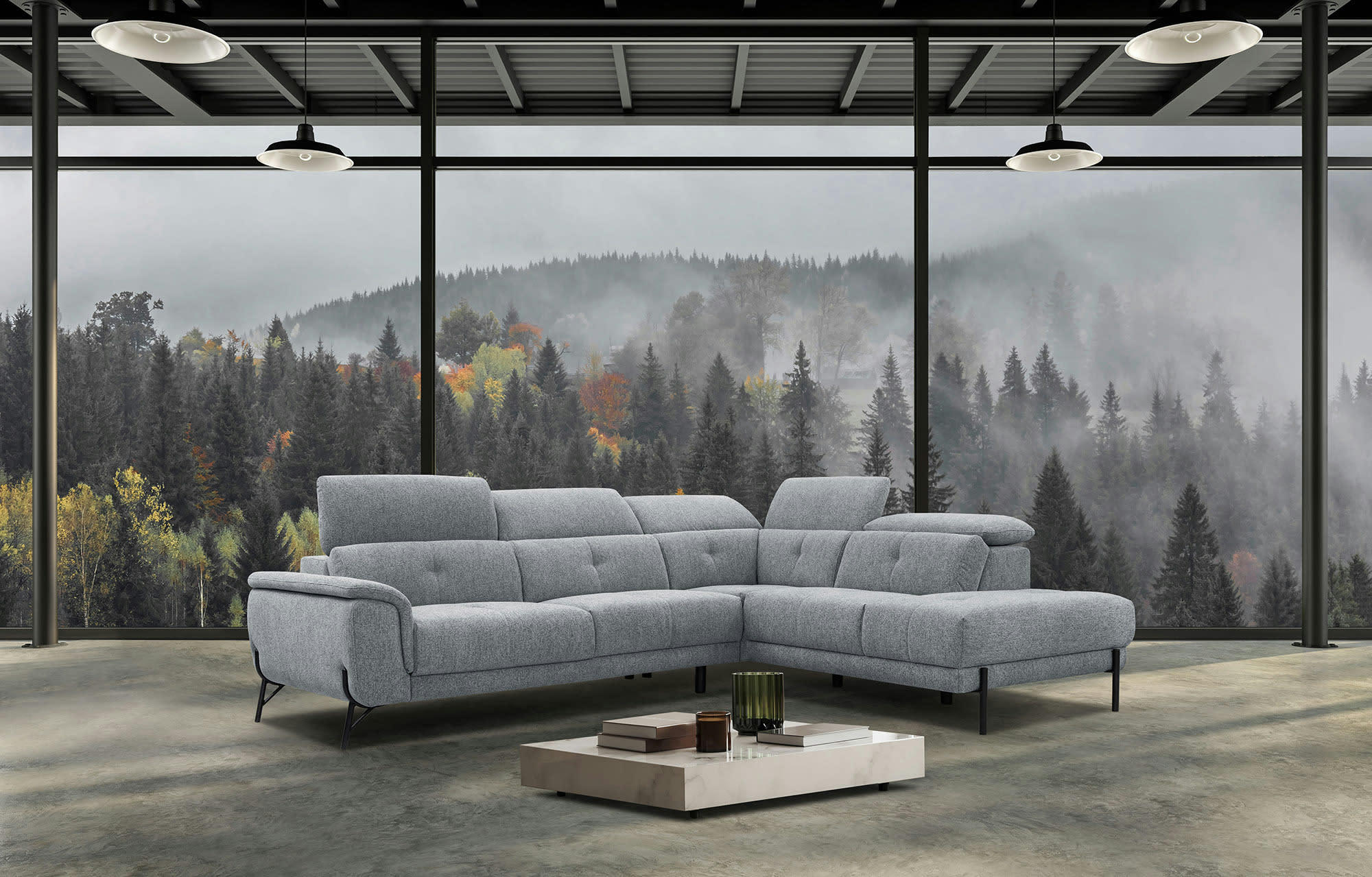 AVENA - Canapé d'angle droit  5 places en tissu gris clair