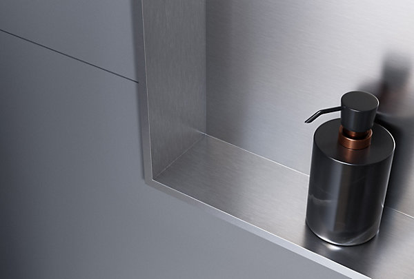 Niche murale douche acier inox   3 Spots LED, étagère douche encastrable - 30x90x10cm (HxLxP) - Acier brossé, 3x Spot noir mat